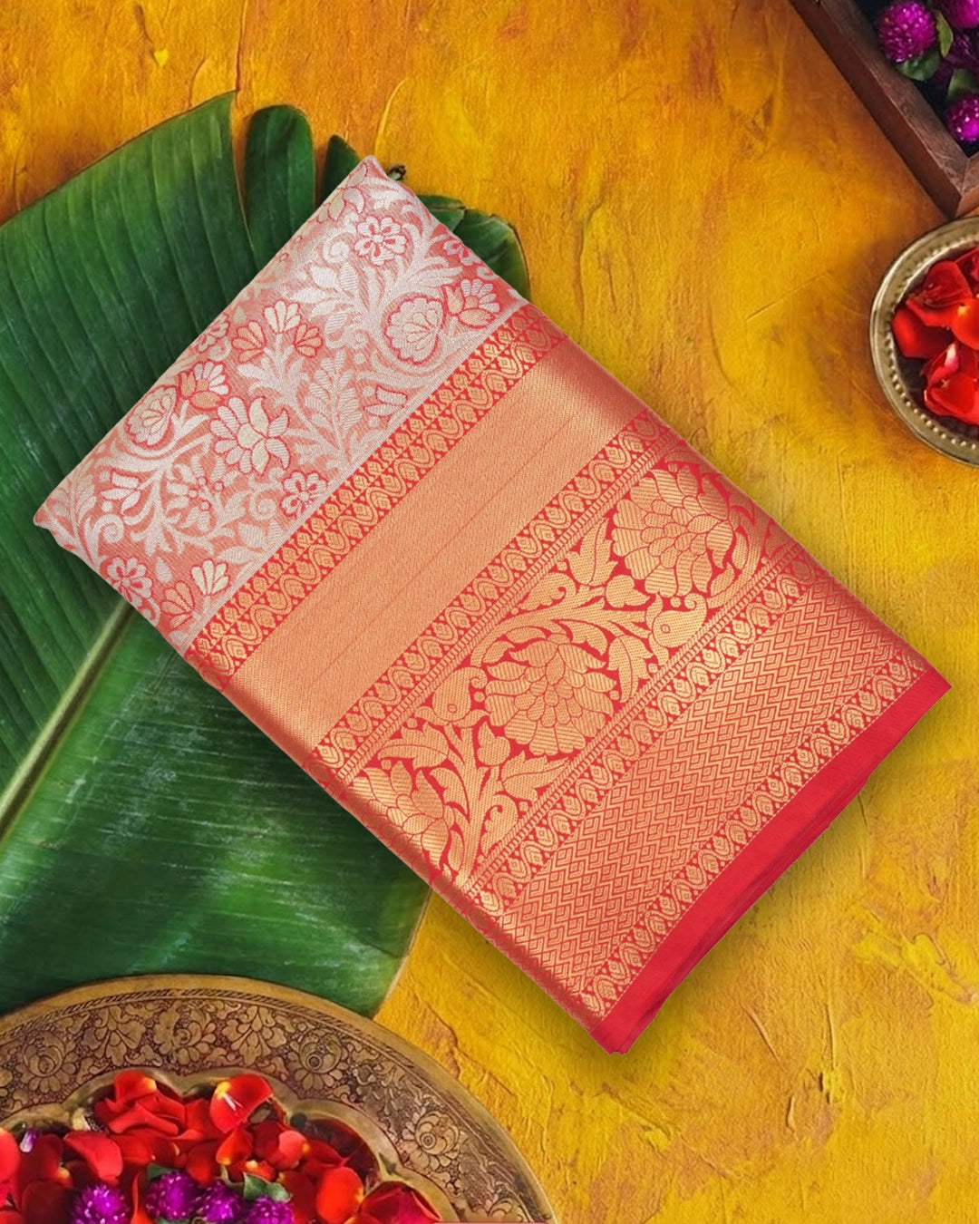 Coral Kanjivaram Silk Saree with Floral Zari Jaal and Heritage Weaving