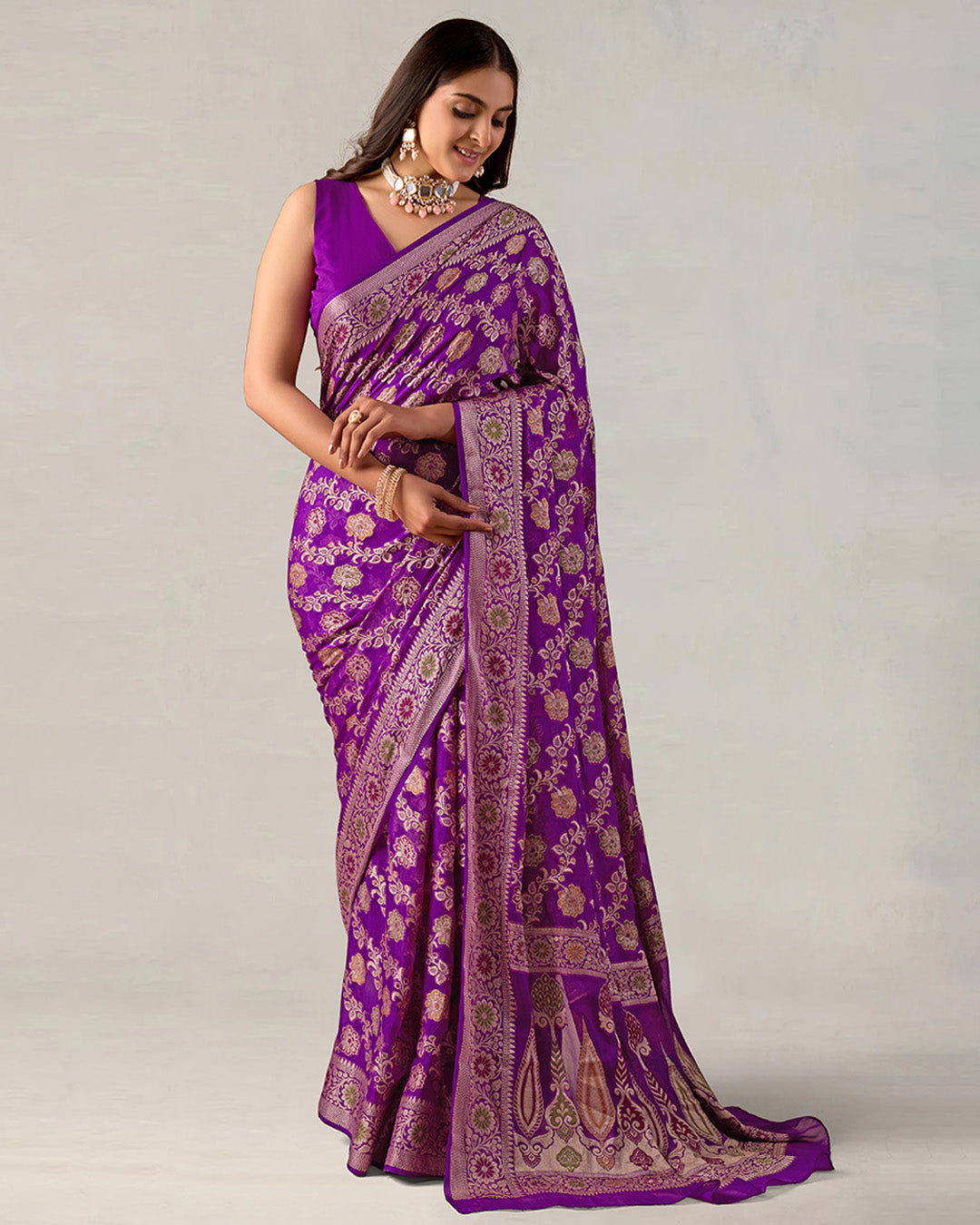 Purple Meenakari Pure Chiffon Saree