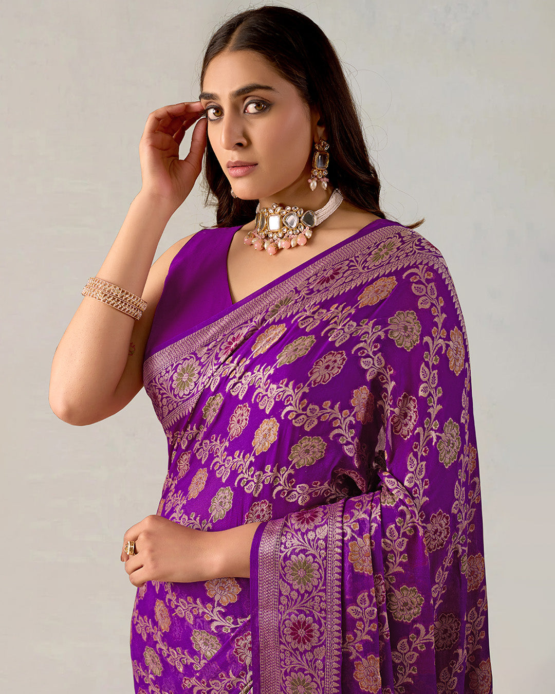 Purple Meenakari Pure Chiffon Saree