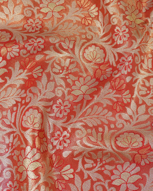 Coral Kanjivaram Silk Saree with Floral Zari Jaal and Heritage Weaving