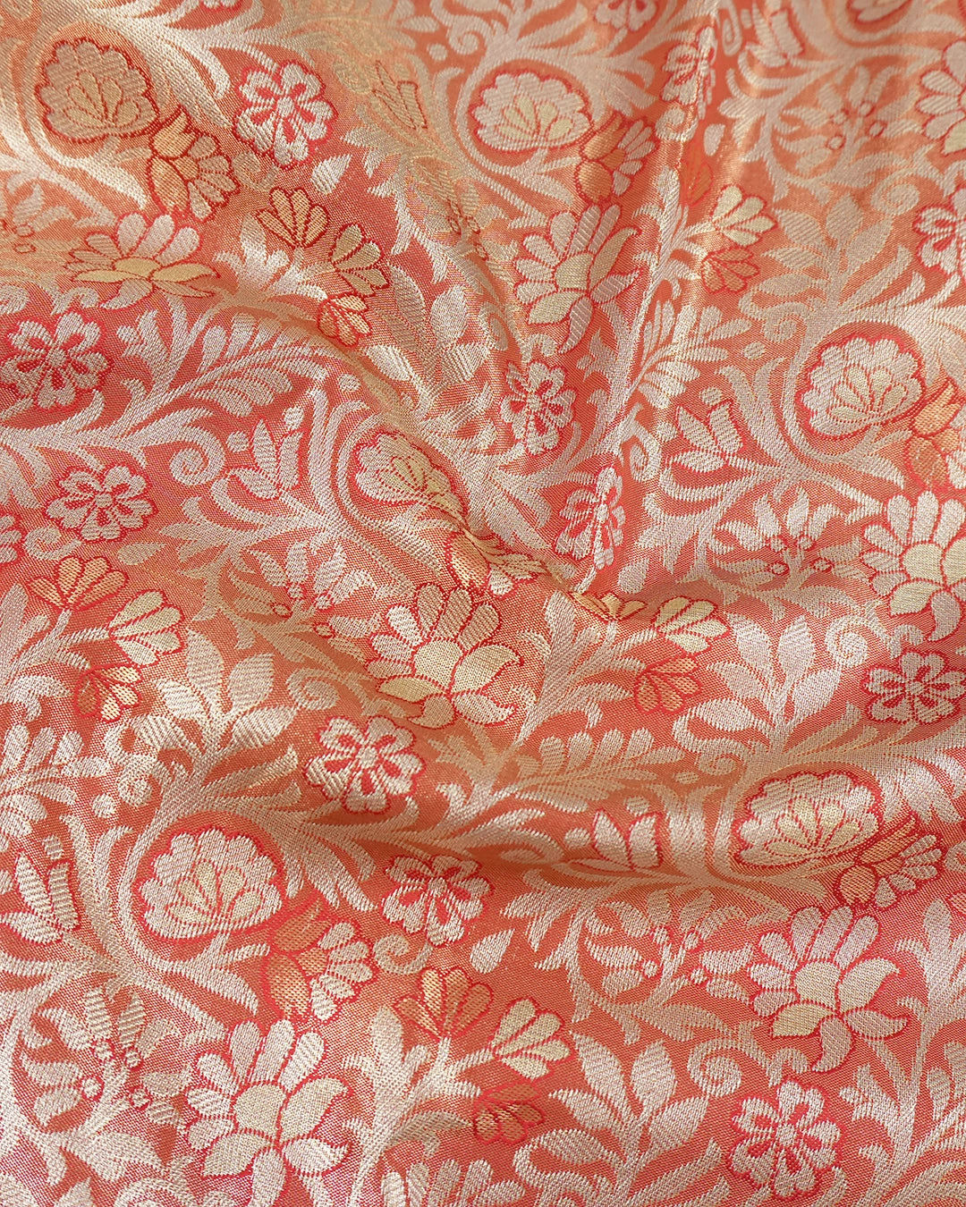 Coral Kanjivaram Silk Saree with Floral Zari Jaal and Heritage Weaving