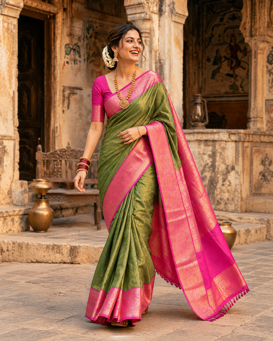 Olive Green Kanjivaram Silk Saree with Floral Jaal Weaving and Pink Border