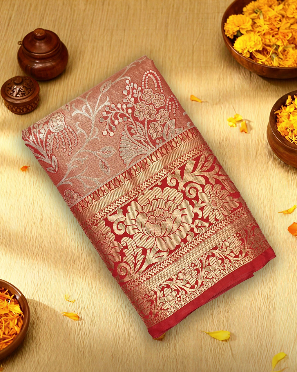 Red Kanjivaram Silk Saree with Floral Zari and Rich Contrast Border