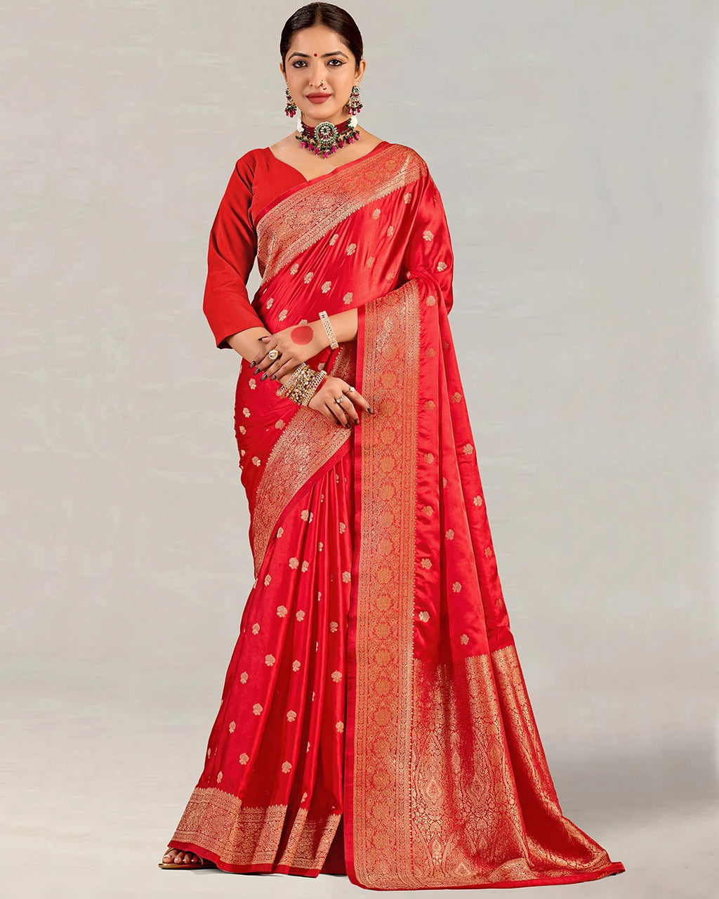 Red Banarasi Silk Saree with Scattered Floral Buta Weaving