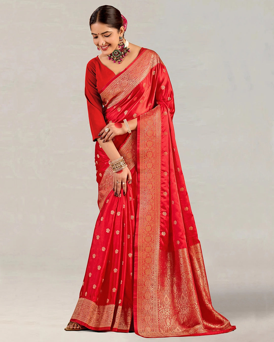 Red Banarasi Silk Saree with Scattered Floral Buta Weaving