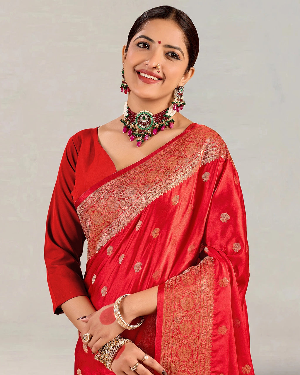 Red Banarasi Silk Saree with Scattered Floral Buta Weaving
