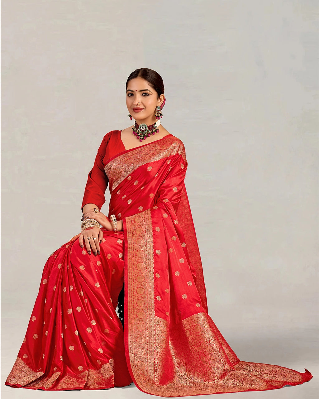 Red Banarasi Silk Saree with Scattered Floral Buta Weaving