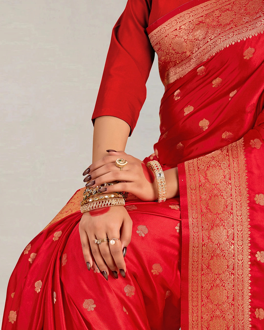 Red Banarasi Silk Saree with Scattered Floral Buta Weaving