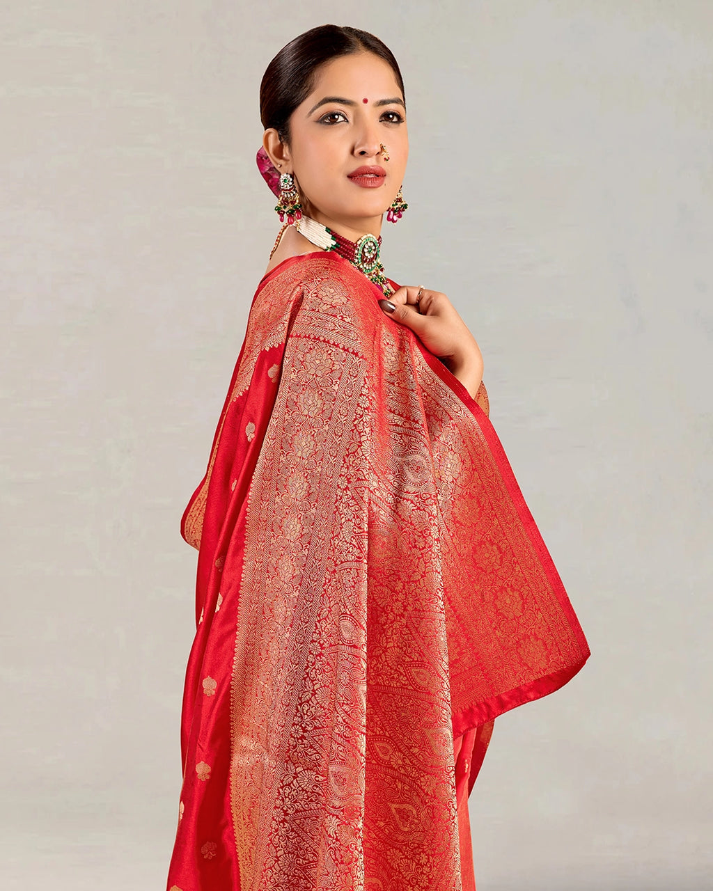 Red Banarasi Silk Saree with Scattered Floral Buta Weaving