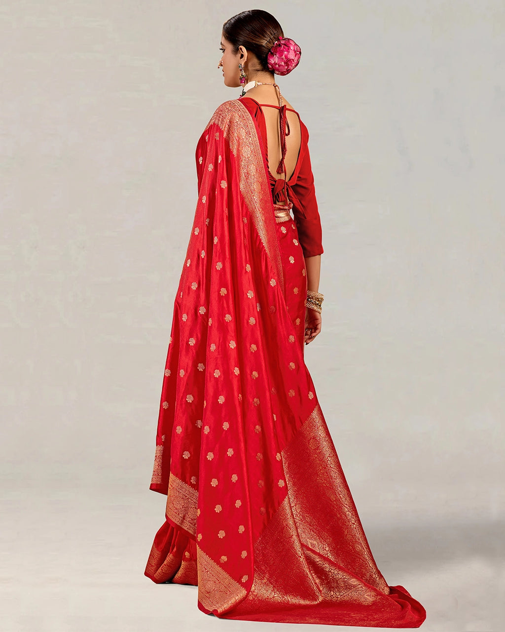 Red Banarasi Silk Saree with Scattered Floral Buta Weaving