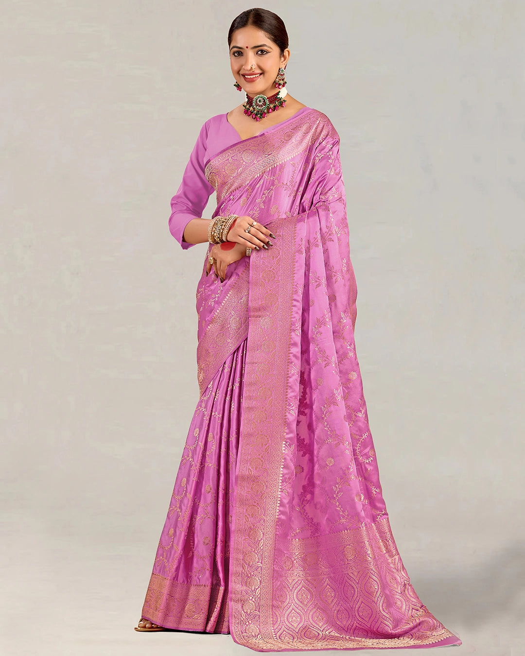 Orchid Banarasi Silk Saree with Elegant Floral Jaal Weaves