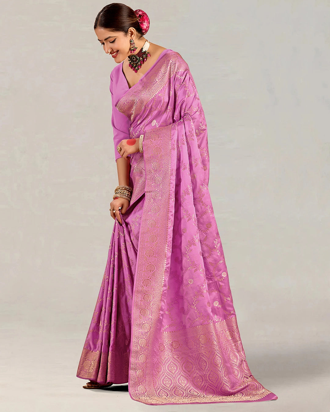 Orchid Banarasi Silk Saree with Elegant Floral Jaal Weaves