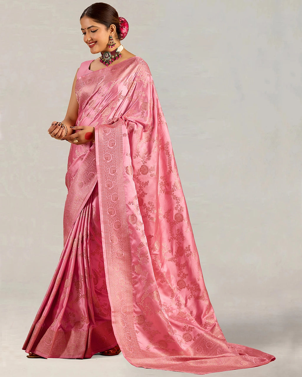 Pink Banarasi Silk Saree with Floral Vine Weaving