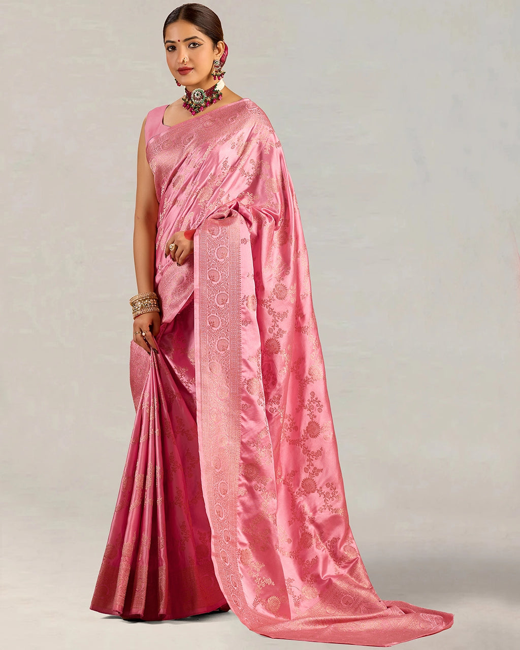 Pink Banarasi Silk Saree with Floral Vine Weaving