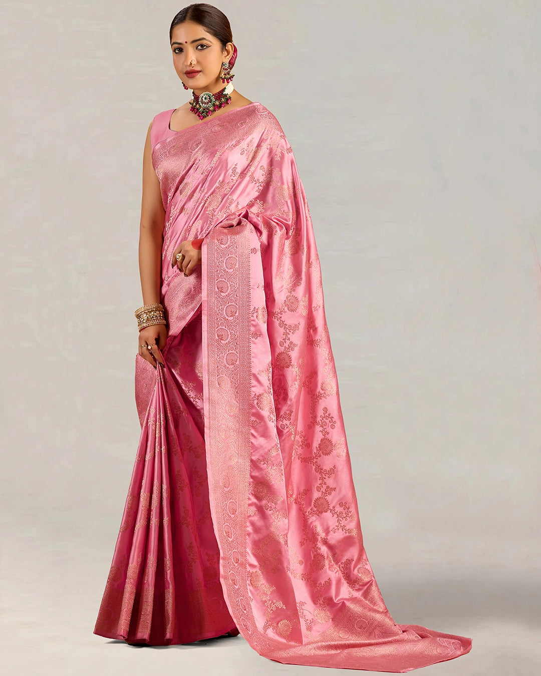 Pink Banarasi Silk Saree with Floral Vine Weaving