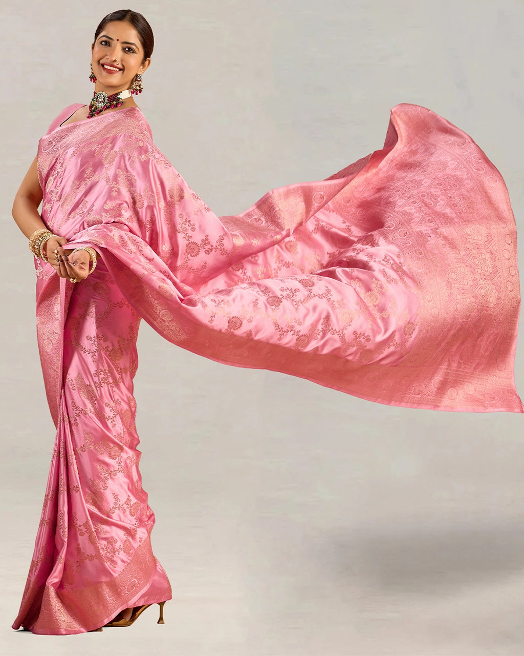 Pink Banarasi Silk Saree with Floral Vine Weaving