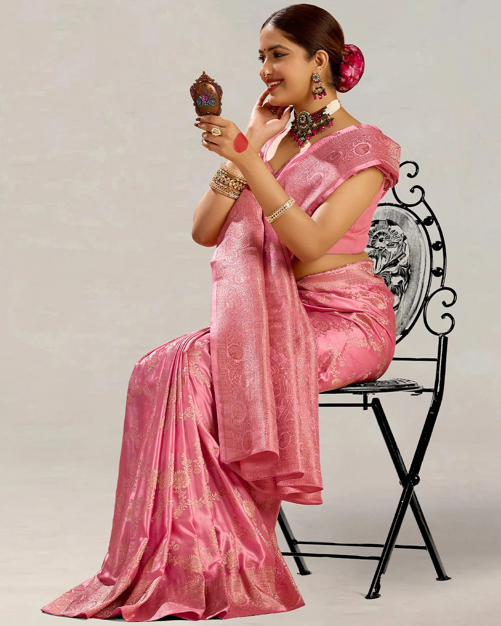 Pink Banarasi Silk Saree with Floral Vine Weaving