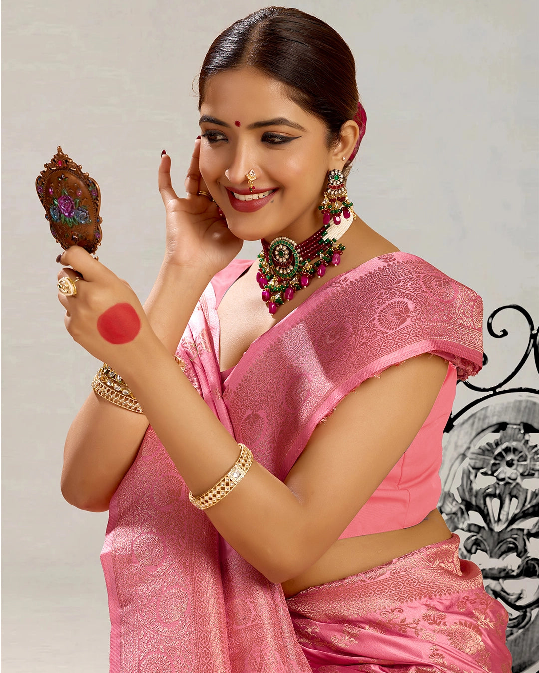 Pink Banarasi Silk Saree with Floral Vine Weaving