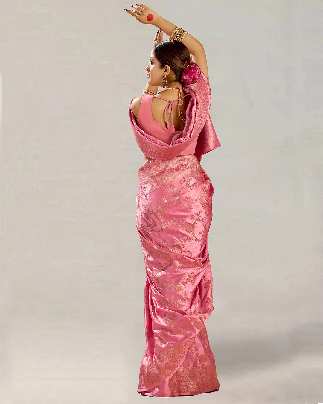 Pink Banarasi Silk Saree with Floral Vine Weaving