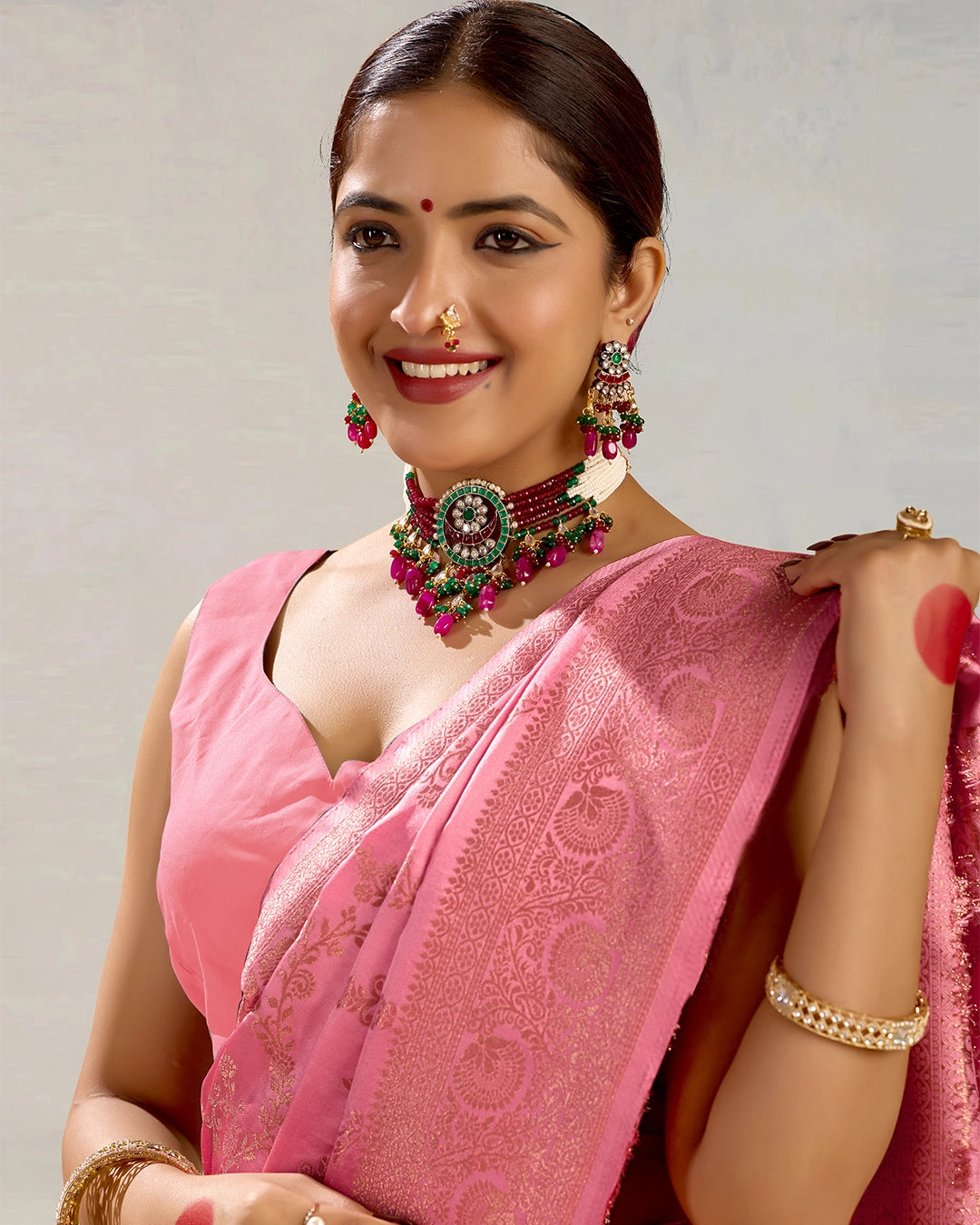 Pink Banarasi Silk Saree with Floral Vine Weaving
