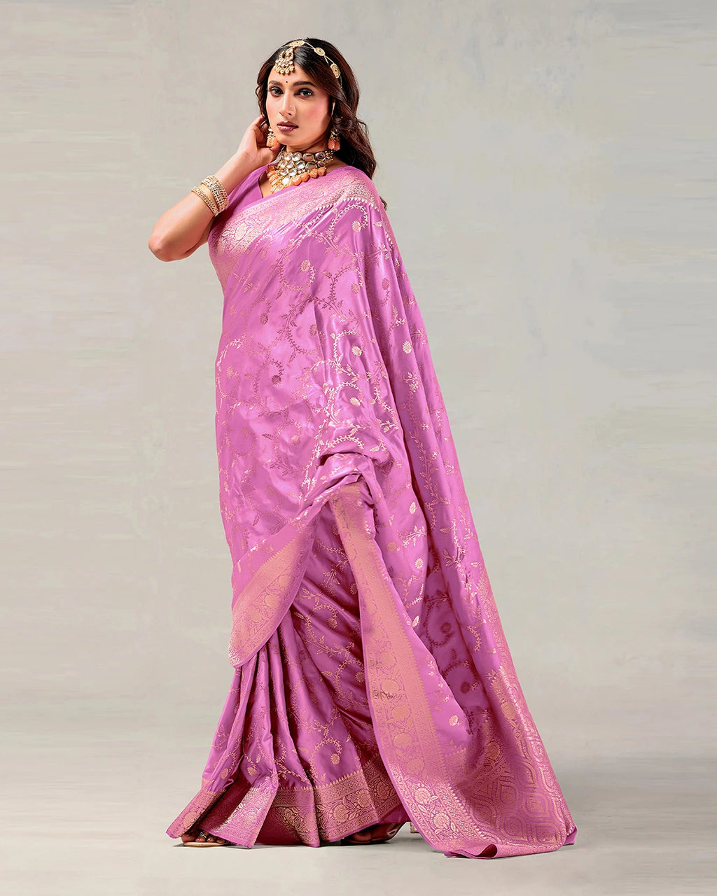 Orchid Banarasi Silk Saree with Floral Vine Jaal Weaves