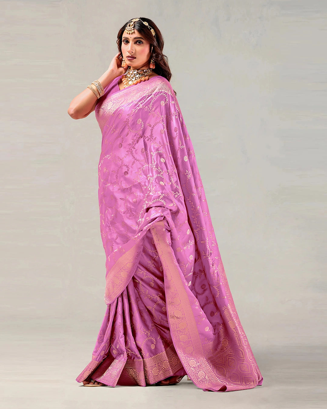 Orchid Banarasi Silk Saree with Floral Vine Jaal Weaves