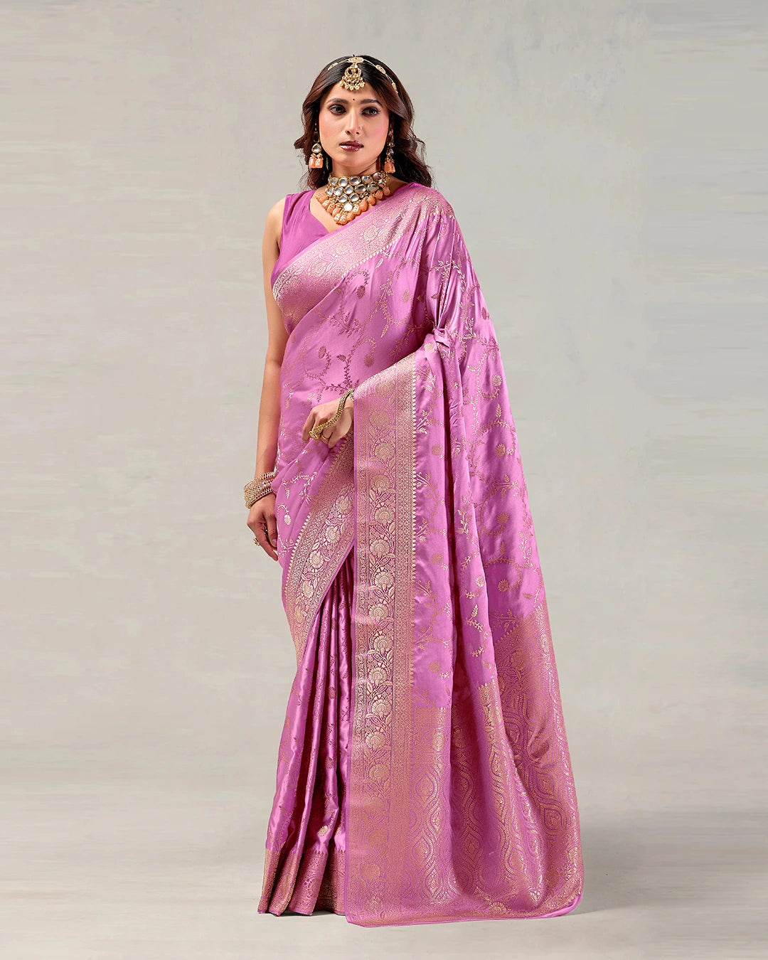 Orchid Banarasi Silk Saree with Floral Vine Jaal Weaves