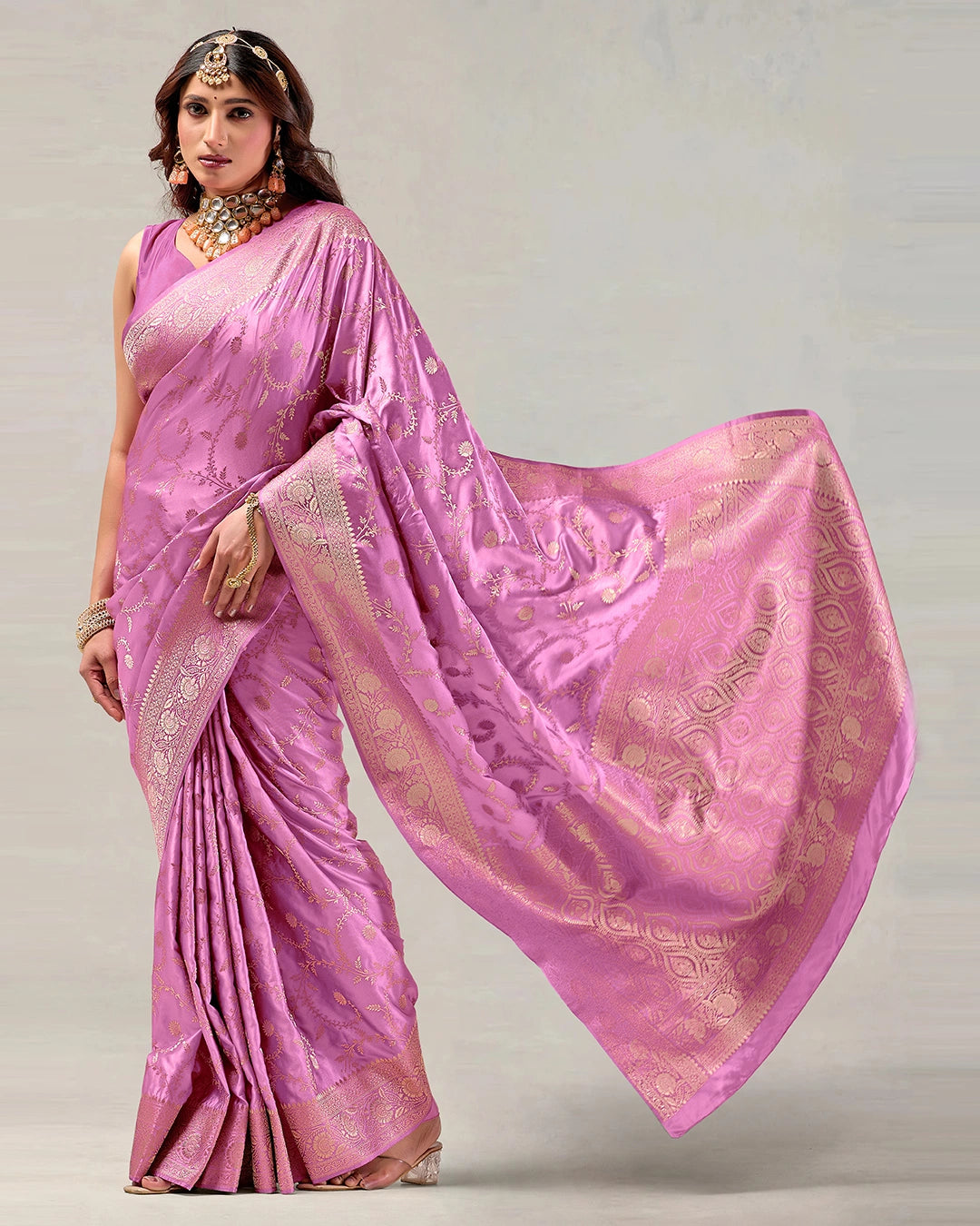 Orchid Banarasi Silk Saree with Floral Vine Jaal Weaves