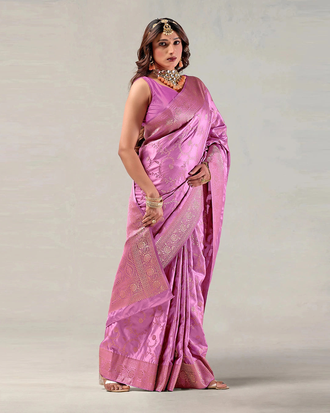 Orchid Banarasi Silk Saree with Floral Vine Jaal Weaves