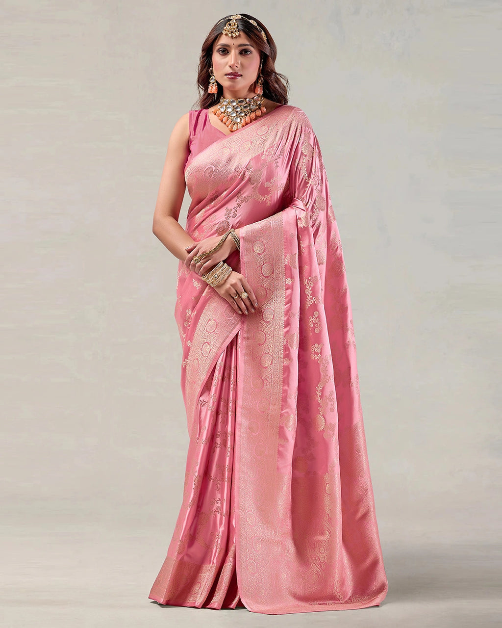 Pink Banarasi Silk Saree with Floral Jaal Weaves