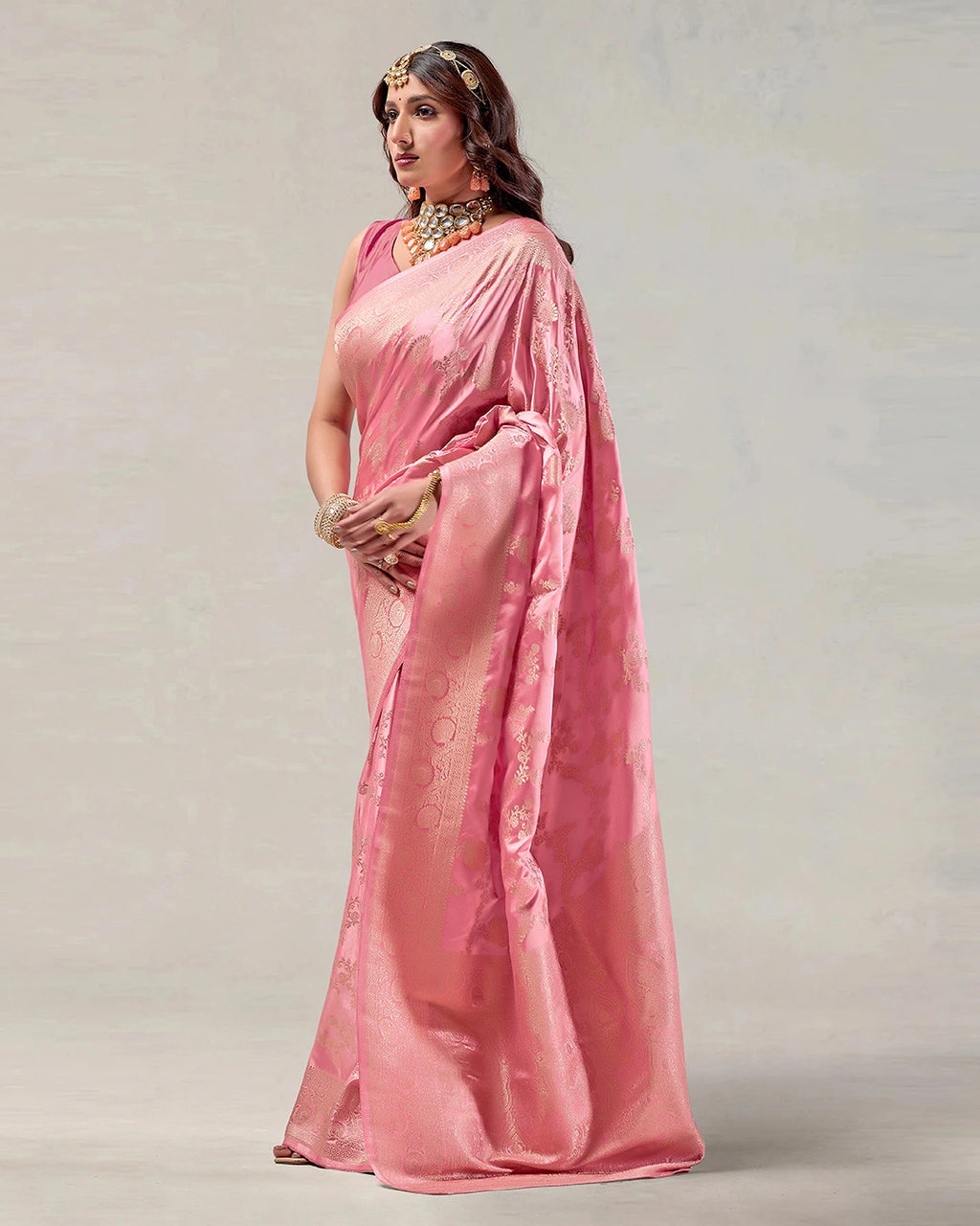 Pink Banarasi Silk Saree with Floral Jaal Weaves
