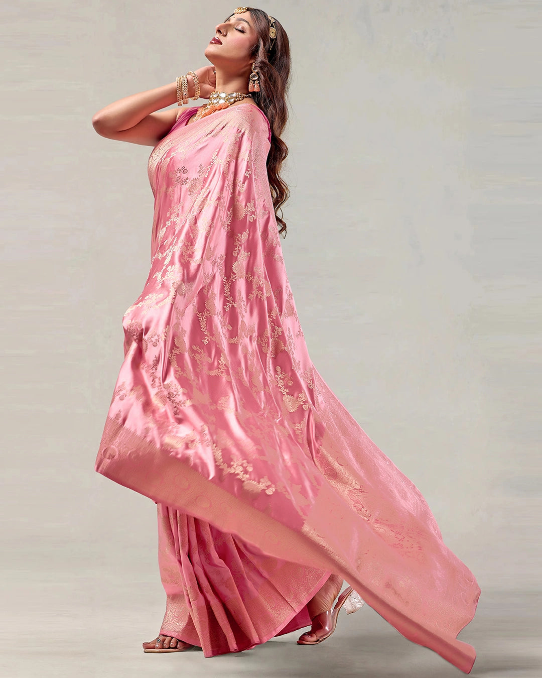 Pink Banarasi Silk Saree with Floral Jaal Weaves