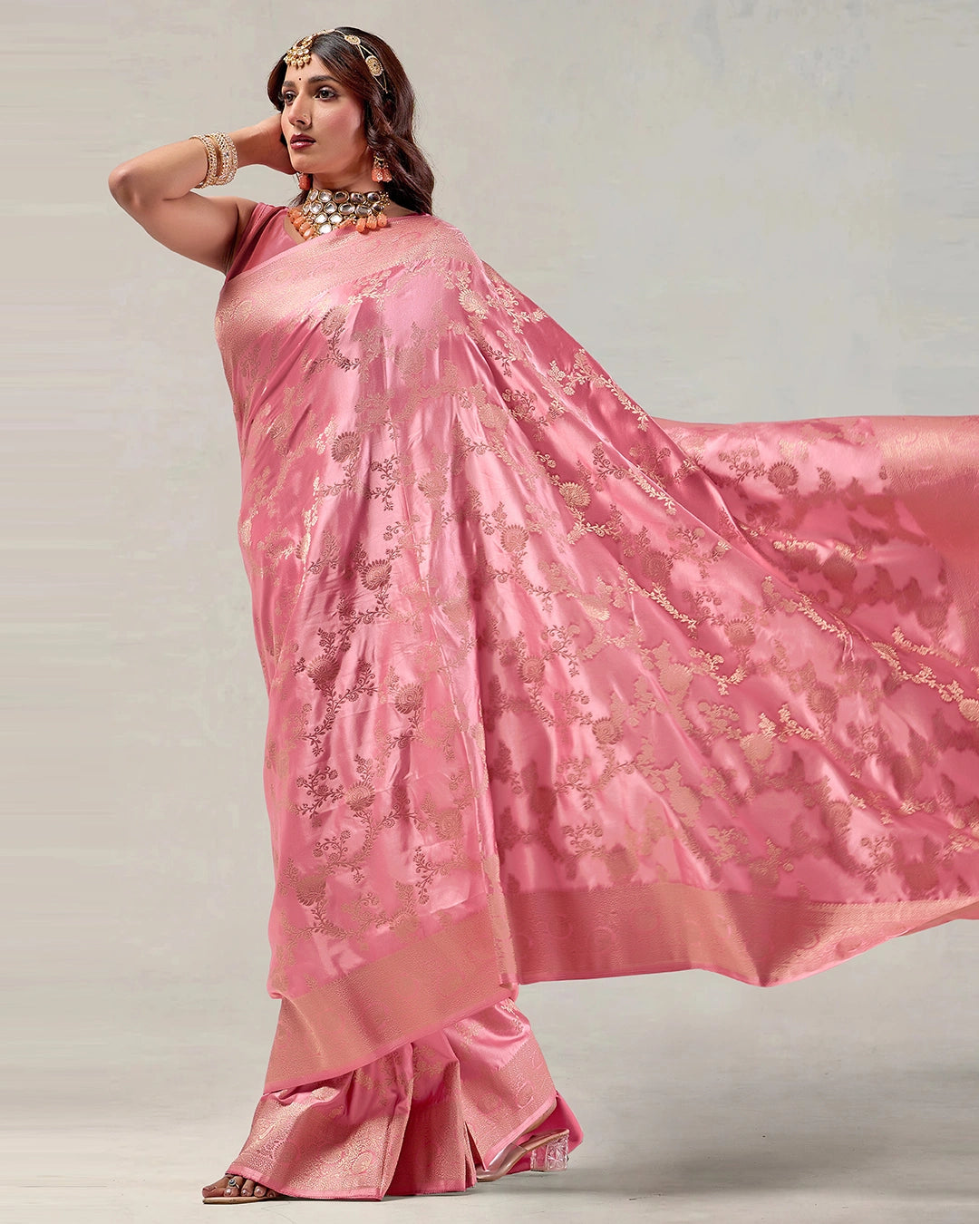 Pink Banarasi Silk Saree with Floral Jaal Weaves