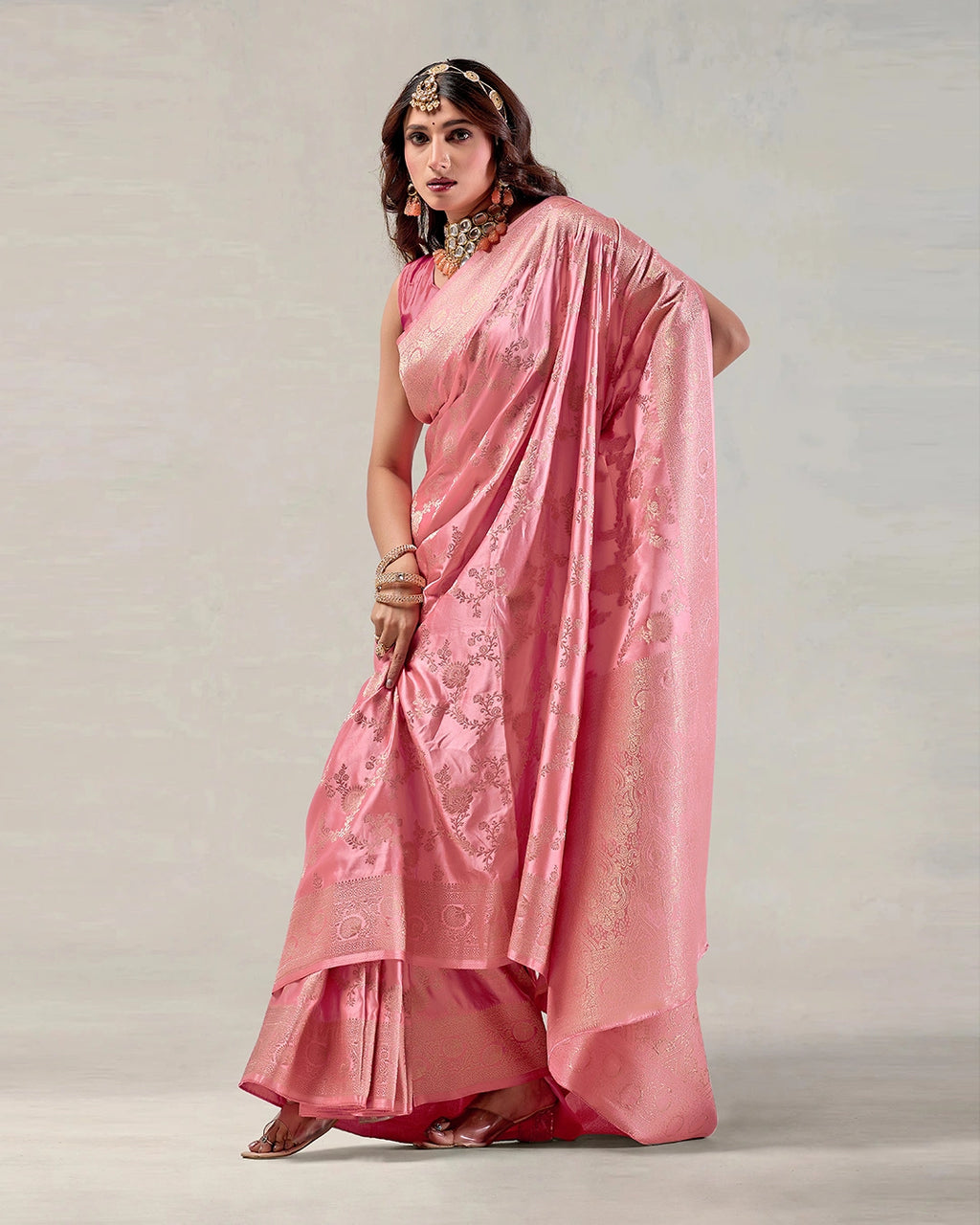 Pink Banarasi Silk Saree with Floral Jaal Weaves