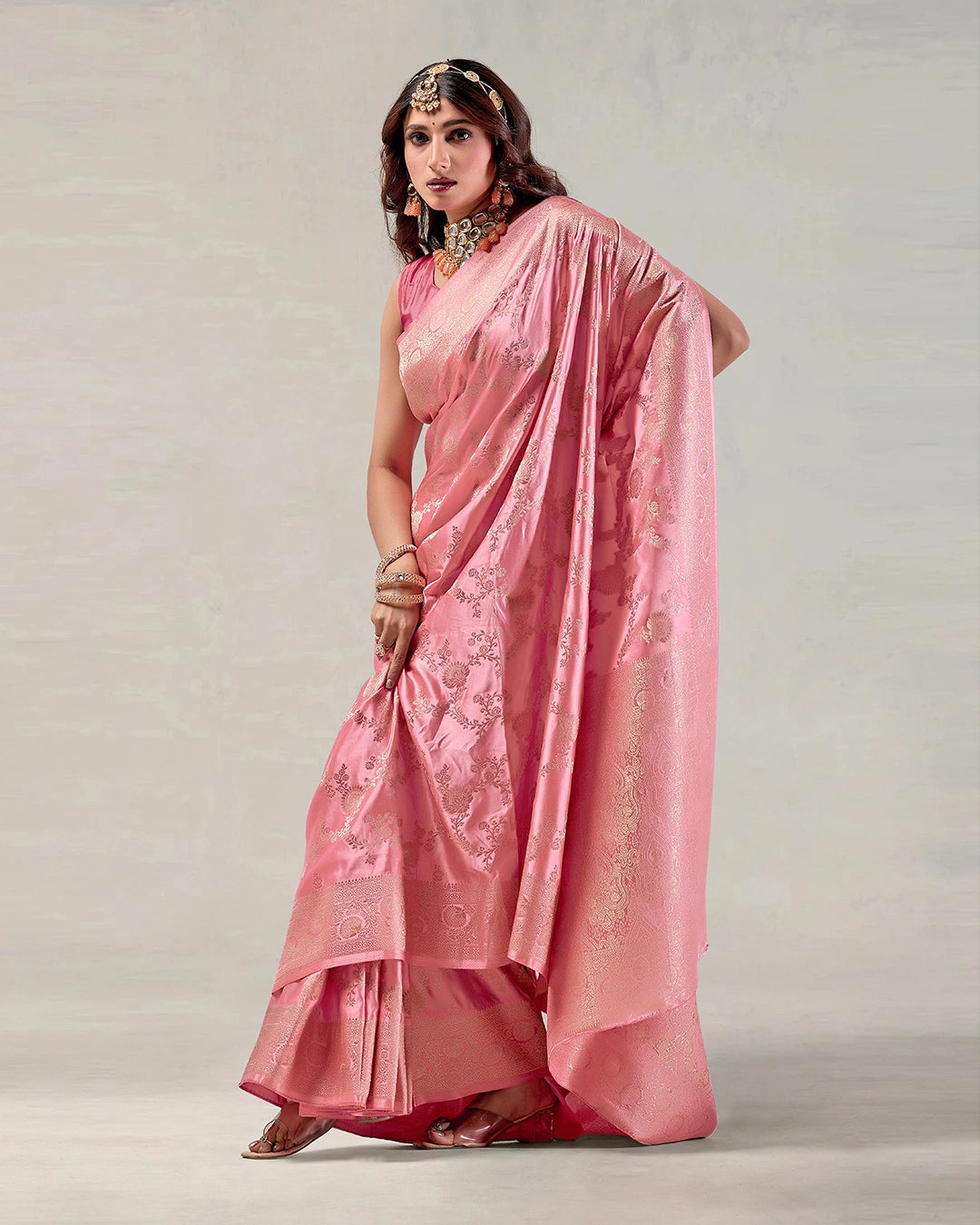 Pink Banarasi Silk Saree with Floral Jaal Weaves