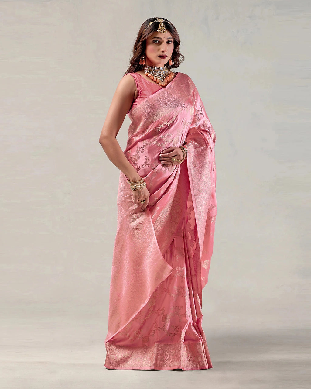 Pink Banarasi Silk Saree with Floral Jaal Weaves