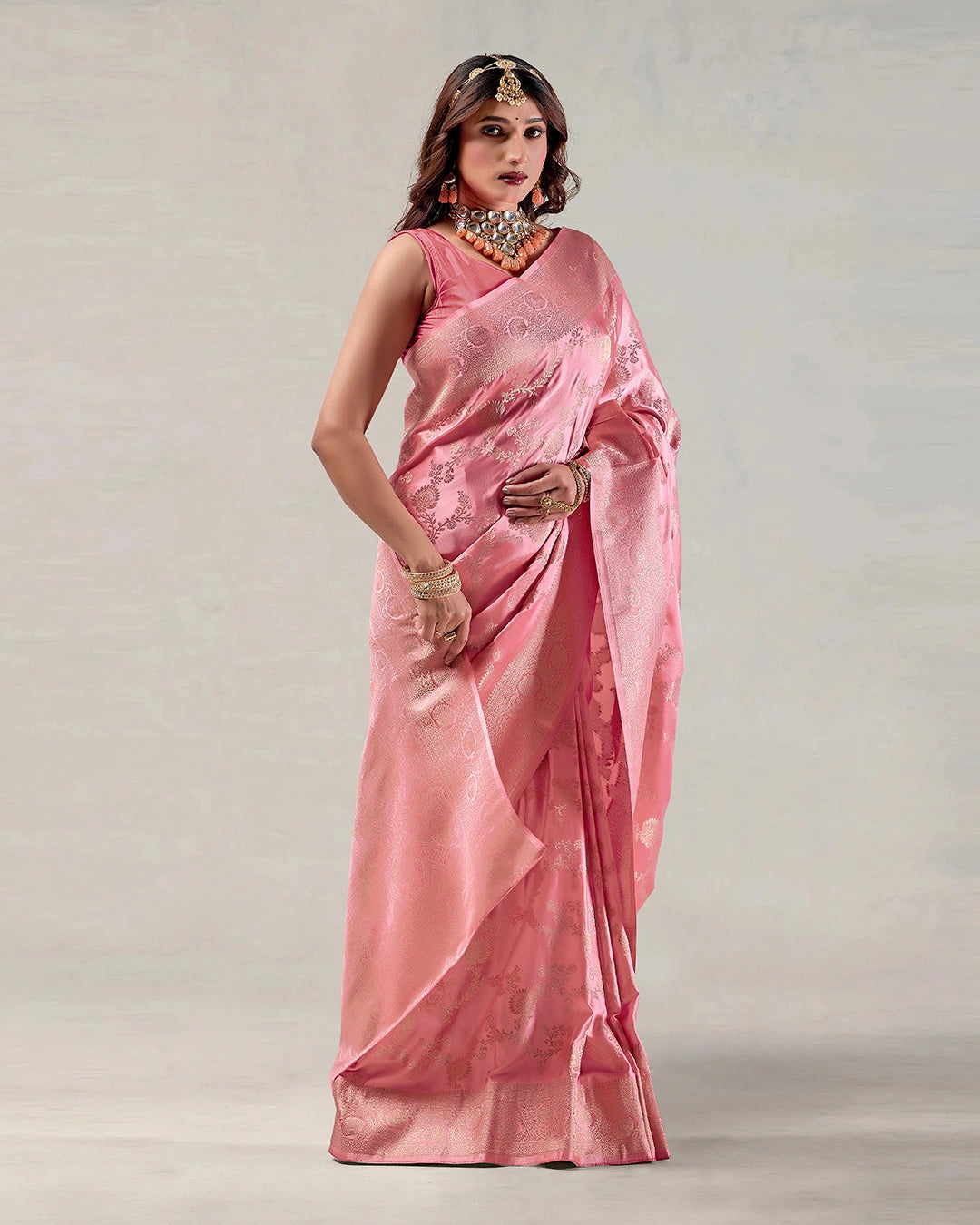Pink Banarasi Silk Saree with Floral Jaal Weaves