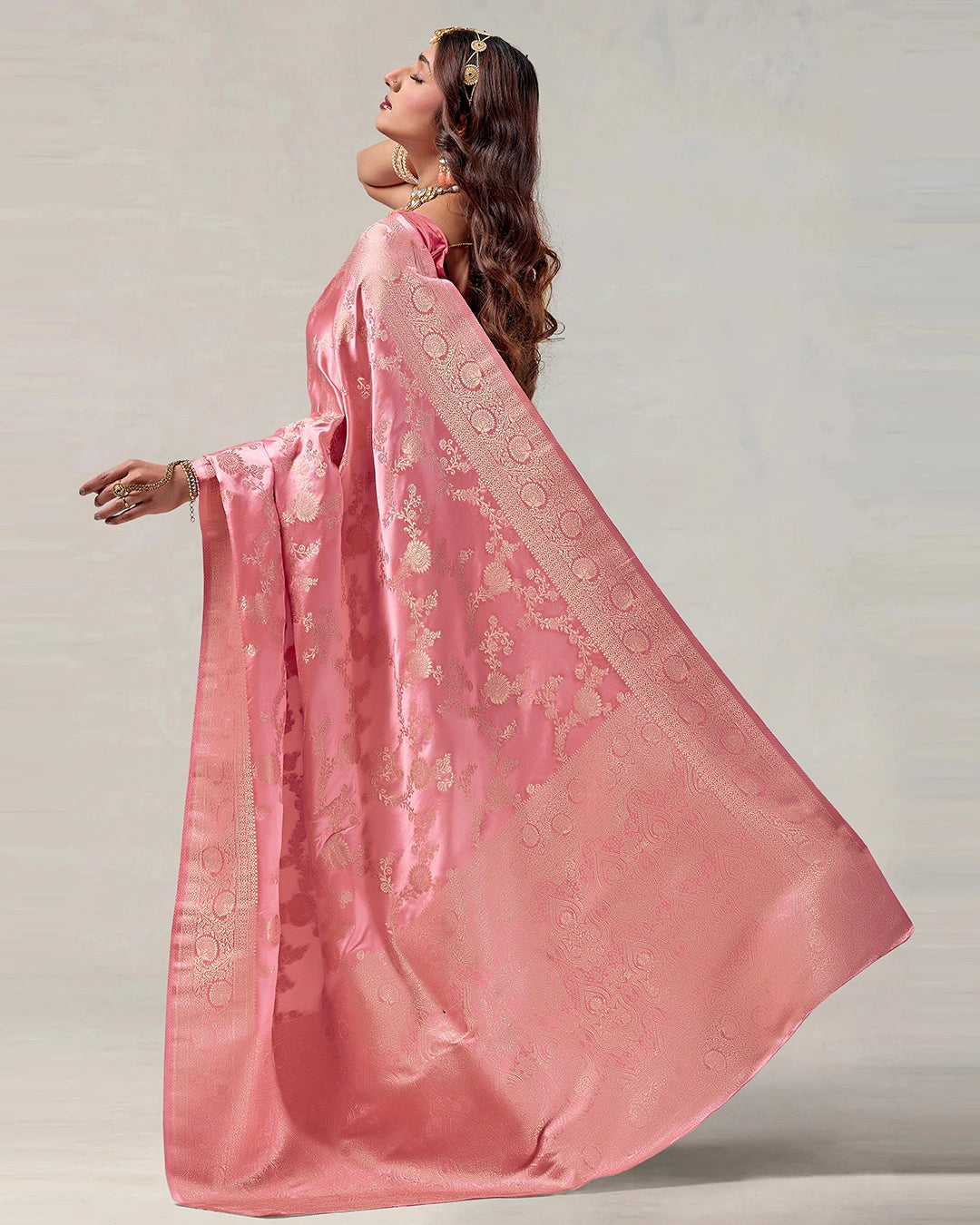 Pink Banarasi Silk Saree with Floral Jaal Weaves