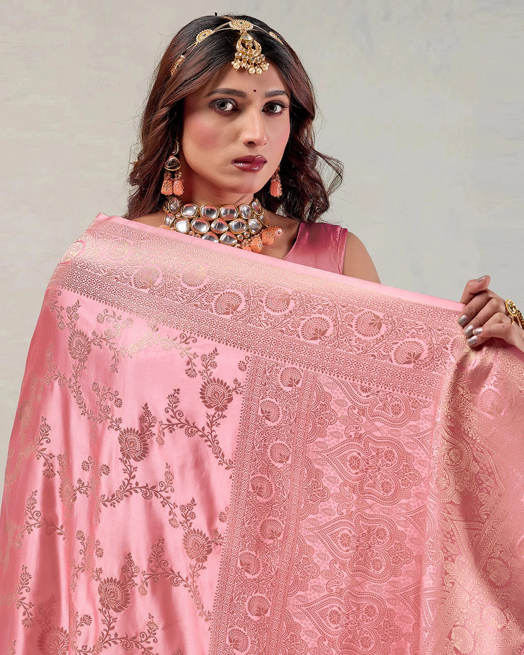 Pink Banarasi Silk Saree with Floral Jaal Weaves