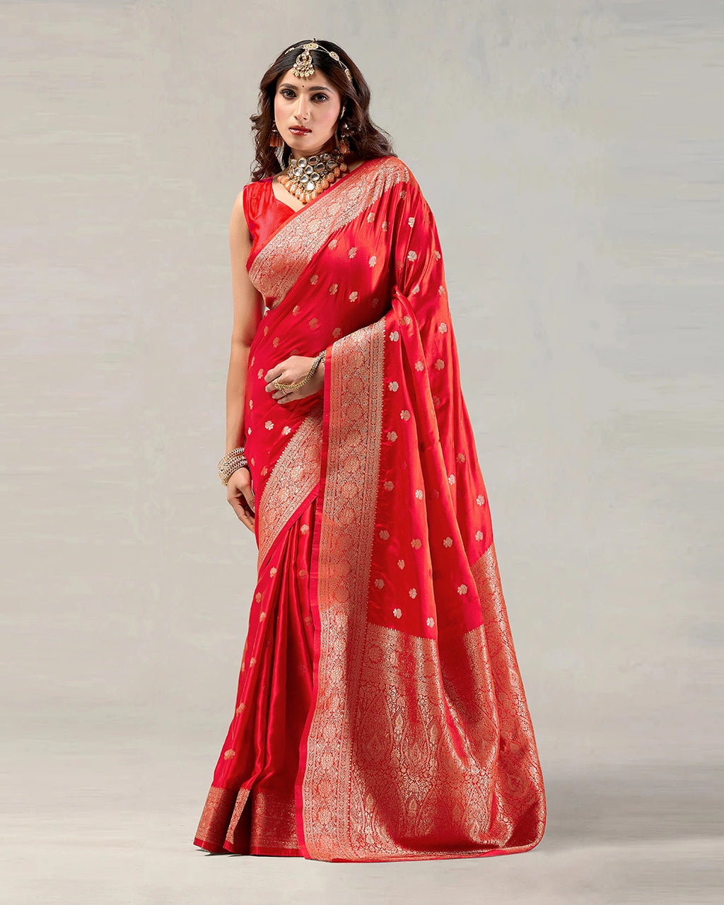 Red Banarasi Silk Saree with Delicate Gold Buti Weaves