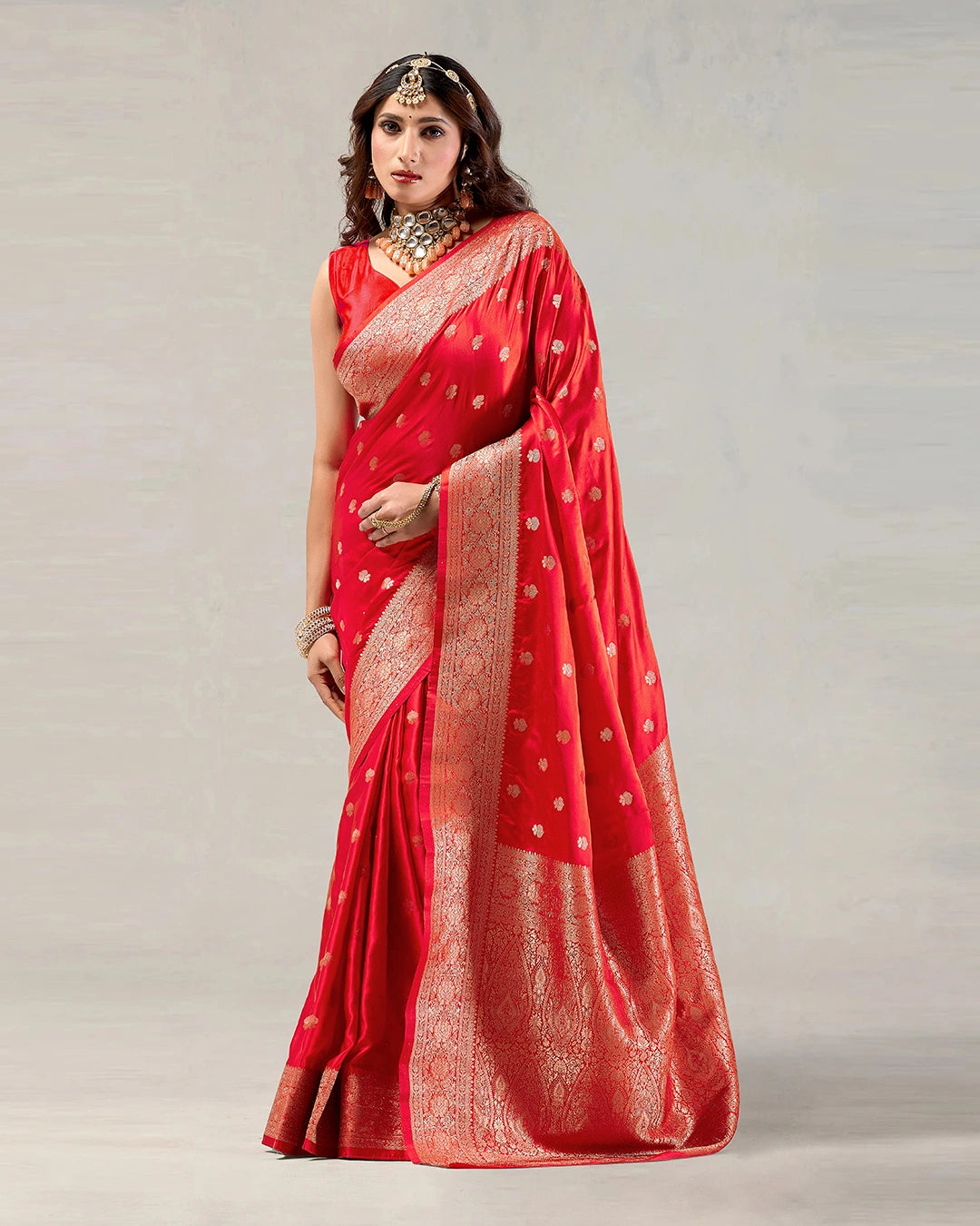 Red Banarasi Silk Saree with Delicate Gold Buti Weaves