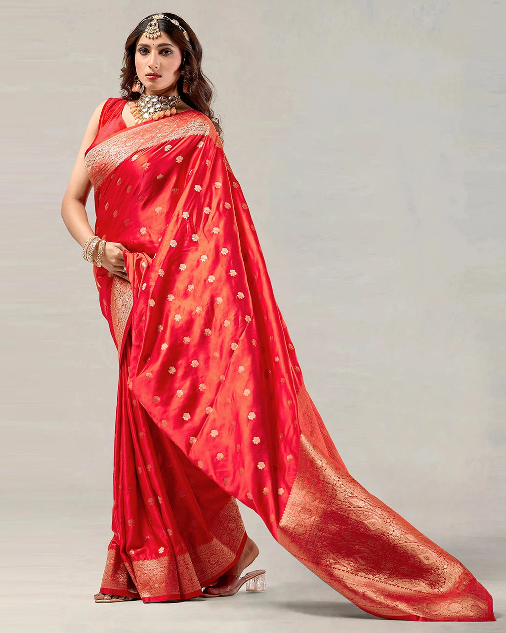 Red Banarasi Silk Saree with Delicate Gold Buti Weaves