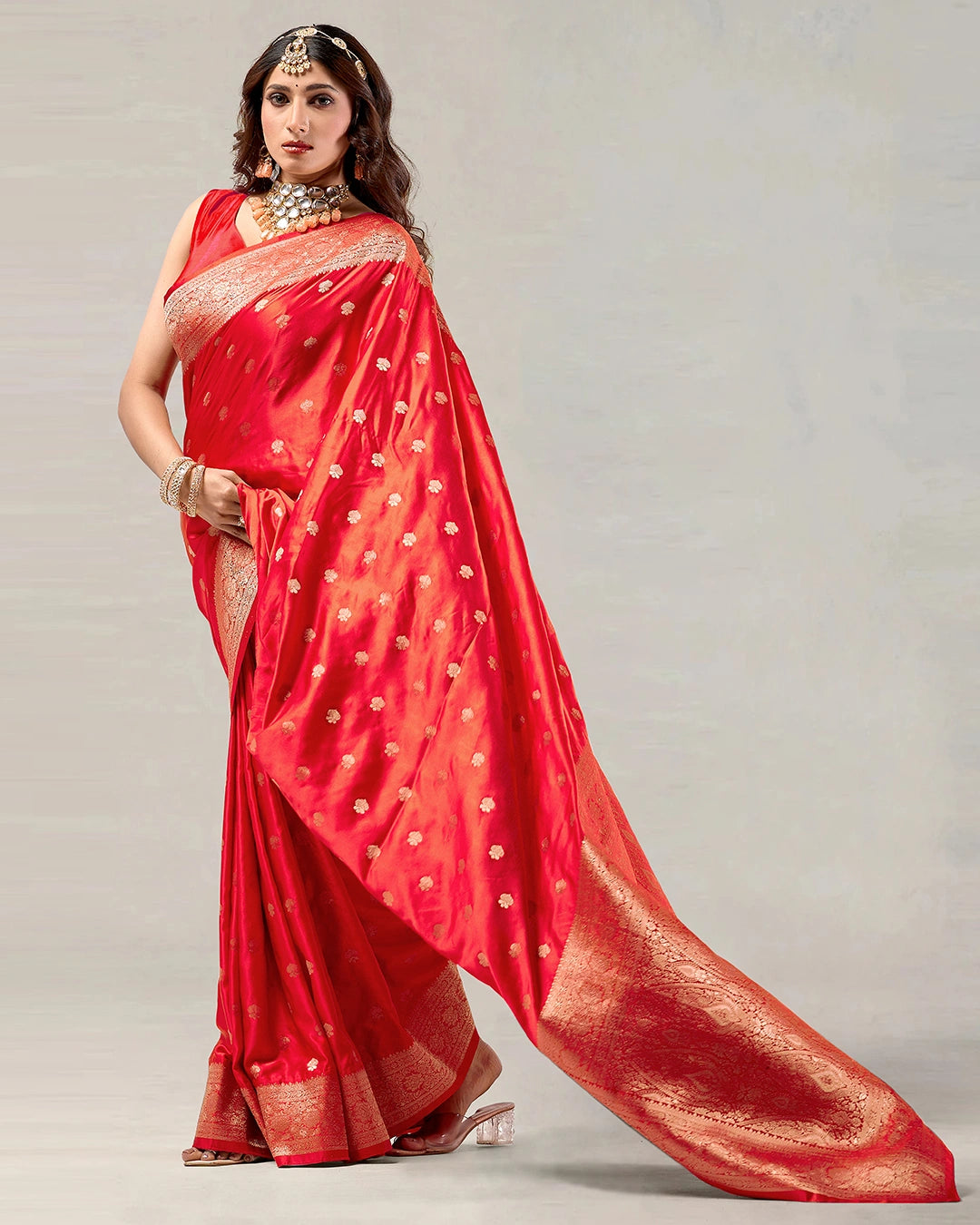 Red Banarasi Silk Saree with Delicate Gold Buti Weaves
