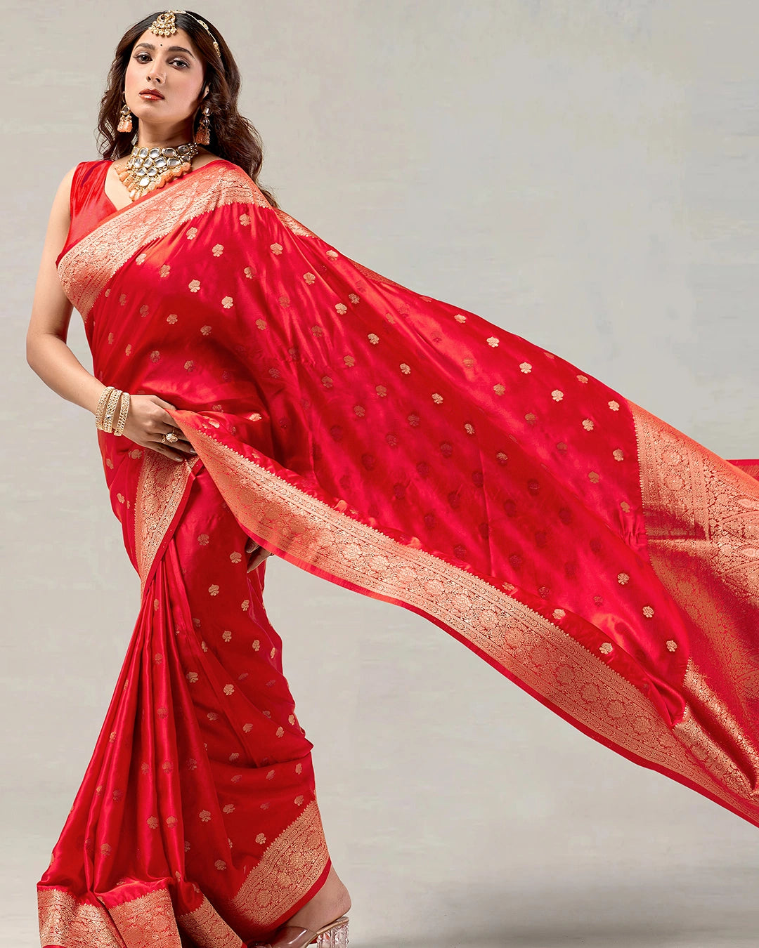 Red Banarasi Silk Saree with Delicate Gold Buti Weaves