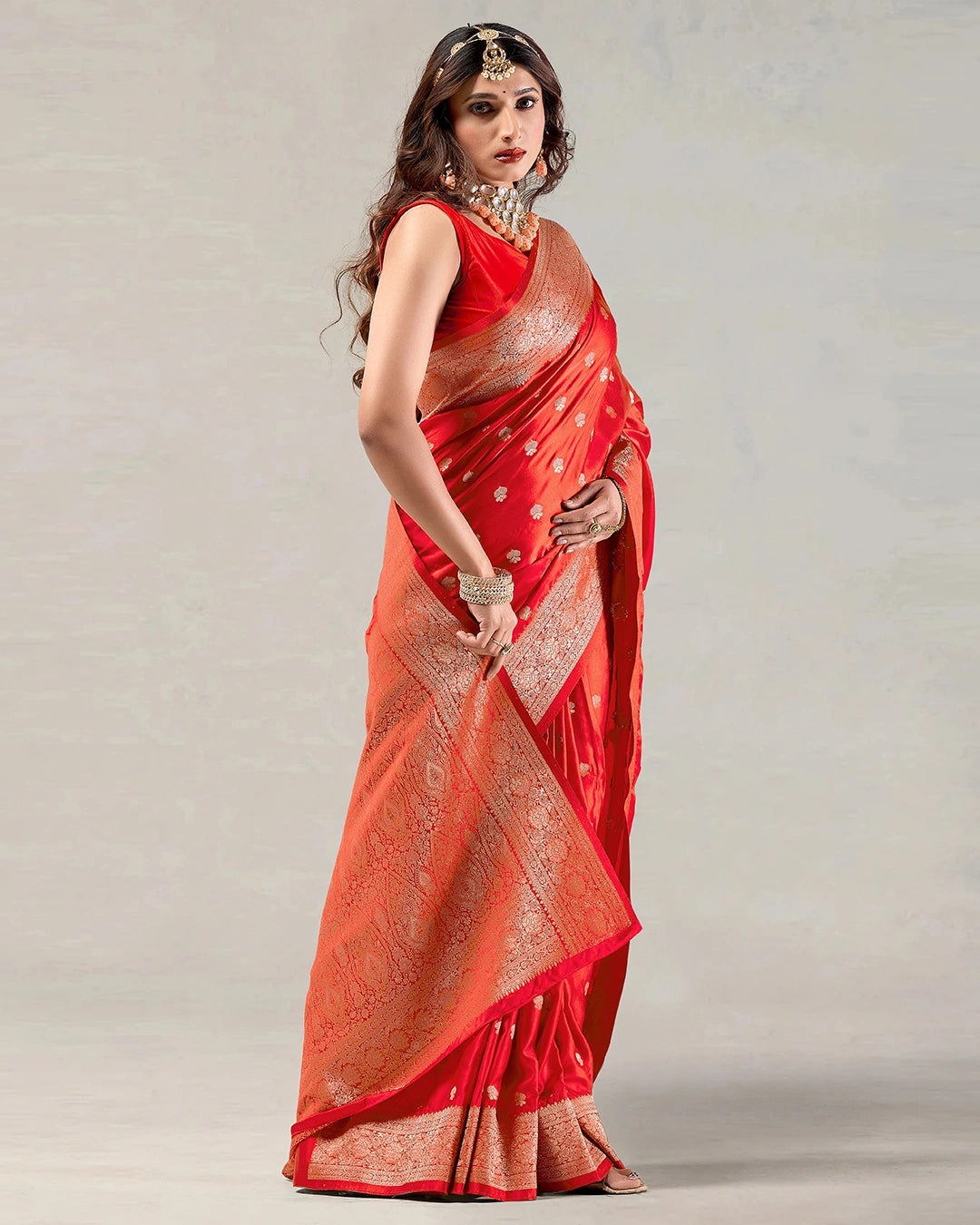 Red Banarasi Silk Saree with Delicate Gold Buti Weaves