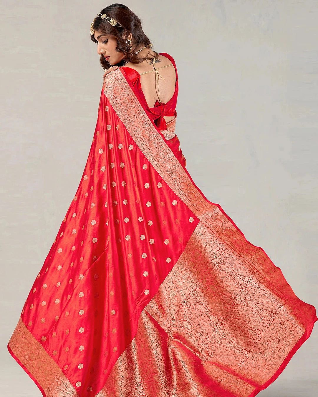 Red Banarasi Silk Saree with Delicate Gold Buti Weaves