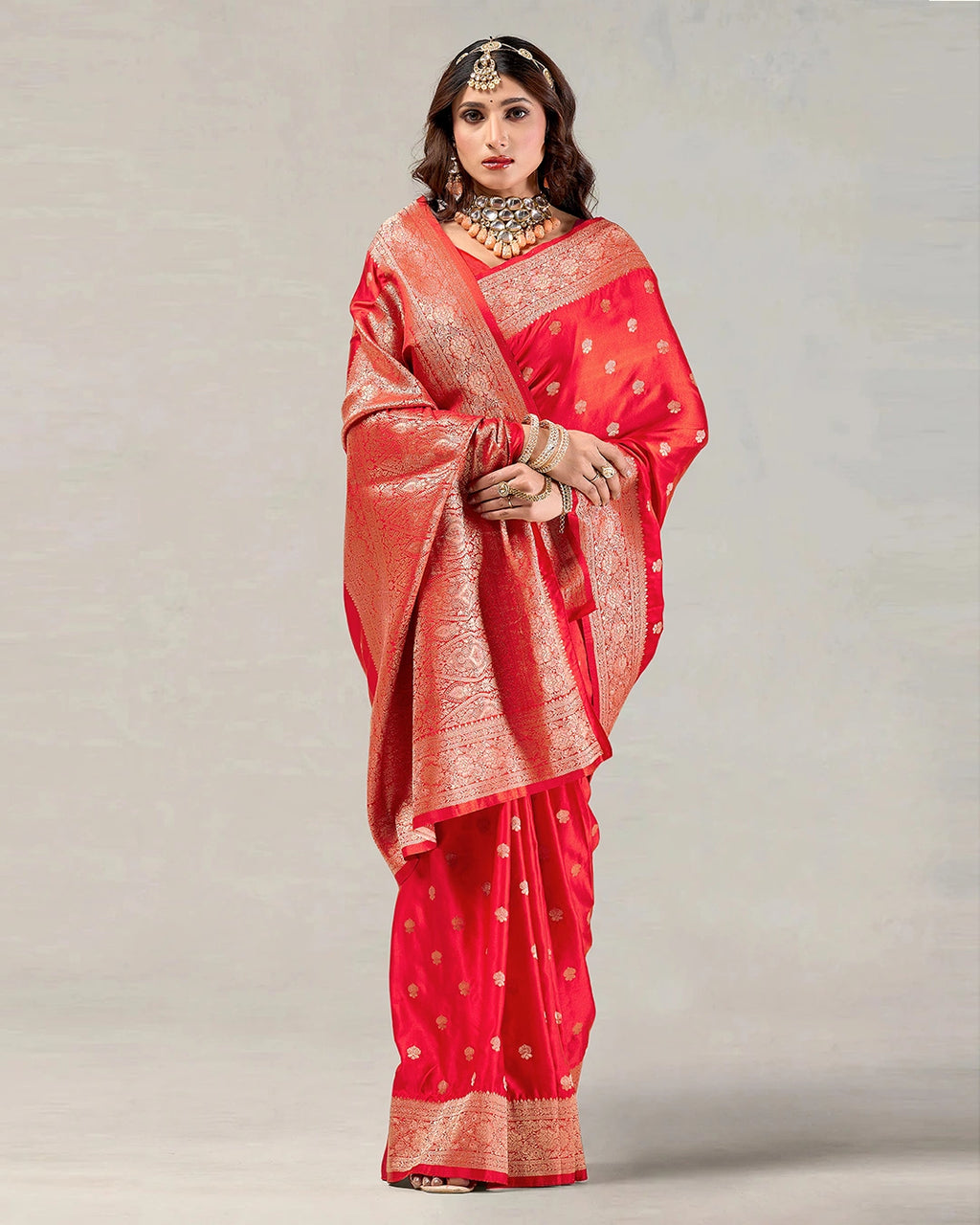 Red Banarasi Silk Saree with Delicate Gold Buti Weaves