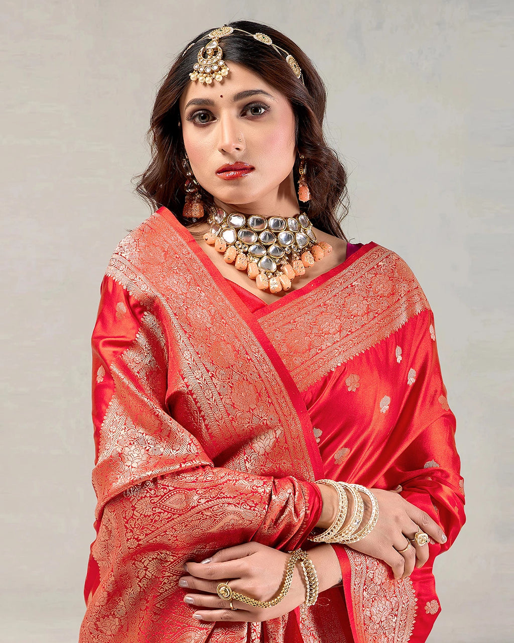 Red Banarasi Silk Saree with Delicate Gold Buti Weaves