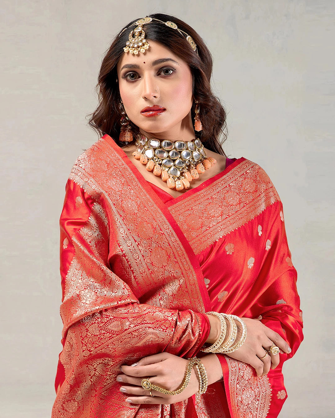 Red Banarasi Silk Saree with Delicate Gold Buti Weaves