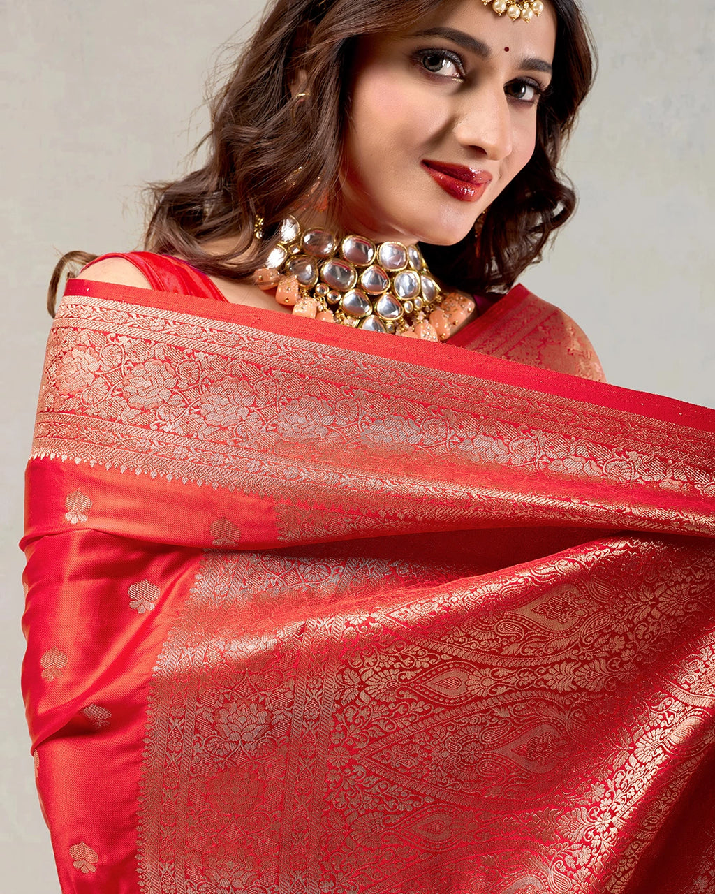 Red Banarasi Silk Saree with Delicate Gold Buti Weaves